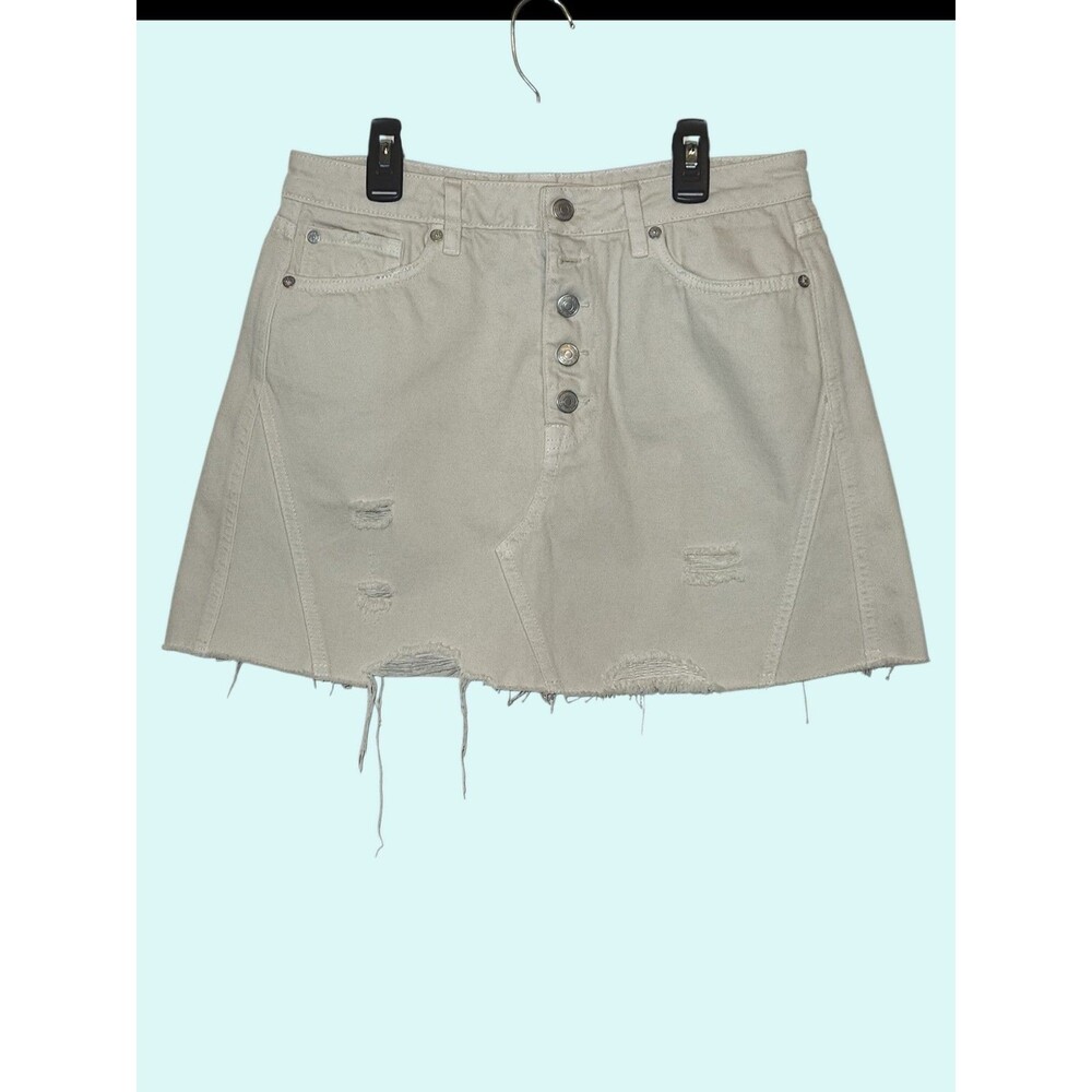 We The Free Mini Denim Skirt Size 31 Off White Distressed Button Fly Raw Hem